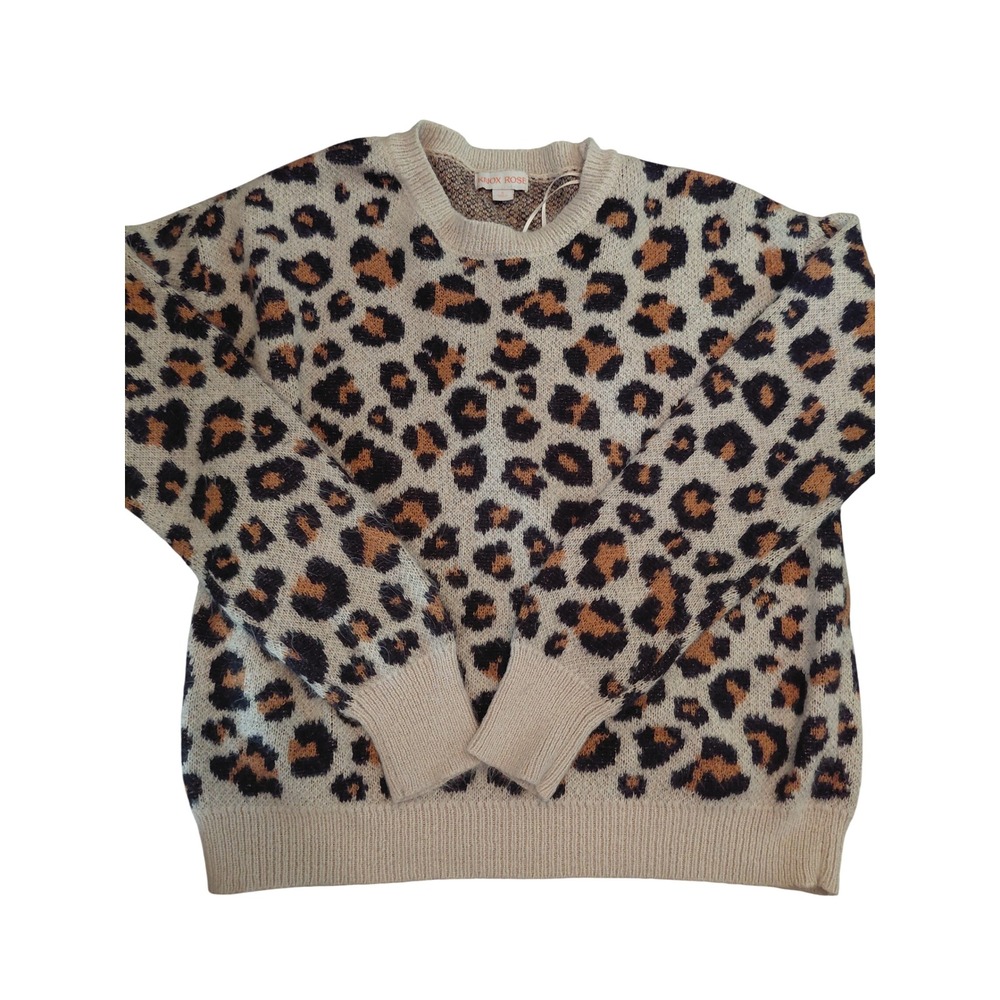 Knox Rose Womens Leopard Print Crewneck Sweater Tan Brown Small Animal Print